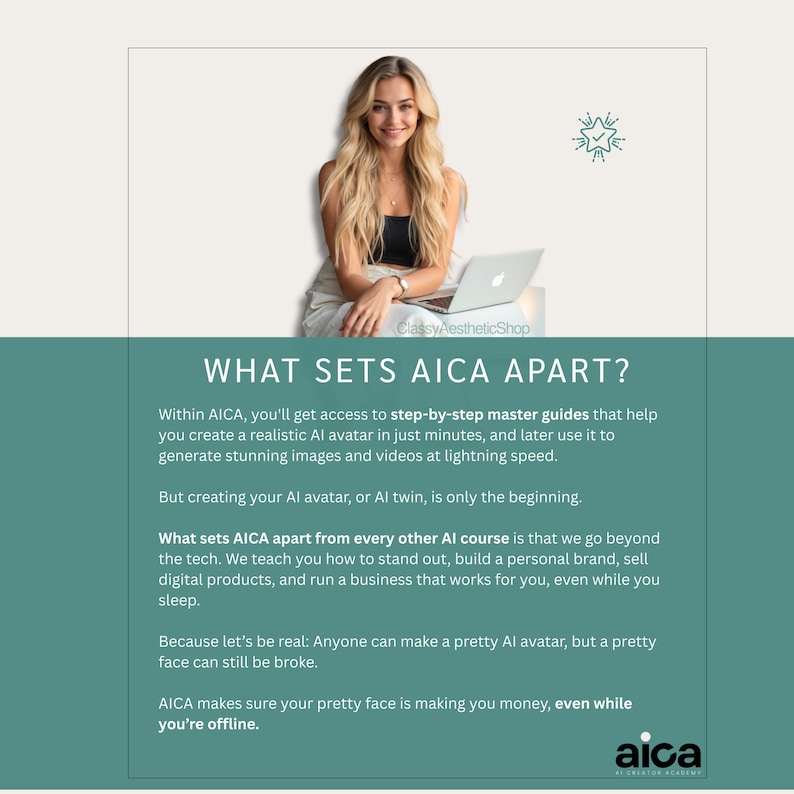 Comparison of AICA AI course showing step-by-step master guides for creating a realistic AI twin and building a personal brand.