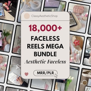 Könnte beinhalten: Grafik "Aesthetic Faceless Reels Mega Bundle" mit dem Text "18.000+" in Rosa. Das Bild ist umgeben von mehreren Bildern von Schönheitsprodukten, Telefonen und anderen ästhetischen Artikeln.