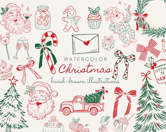 Watercolor Vintage Christmas Clipart, PNG Bundle, Hand Drawn Holiday PNG, SVG, Borders, Frames, Digital Download
