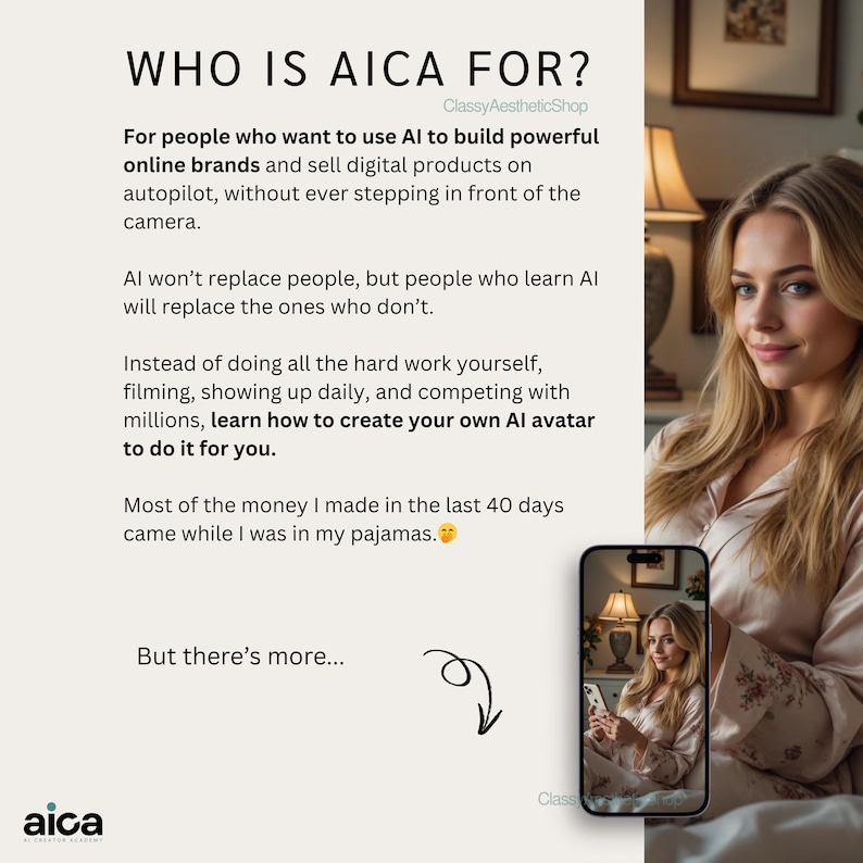 A woman in pajamas using a phone, illustrating how to Start a Business on autopilot. Highlights the Faceless Marketing strategy for building powerful online brands without being on camera.