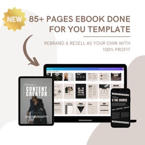 Könnte beinhalten: Ein Laptop, ein Tablet und ein Smartphone zeigen eine digitale E-Book-Vorlage mit dem Text "Becoming a Content Creator" auf dem Cover. Die Vorlage umfasst über 85 Seiten und ist für die Wiederverwendung und den Weiterverkauf konzipiert.