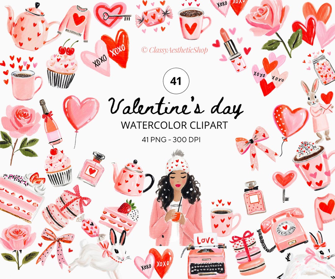 Watercolor Valentine’s Day Clipart Bundle, Romantic Valentine PNG ...