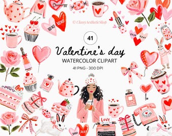 Watercolor Valentine’s Day Clipart Bundle, Romantic Valentine PNG, Hearts, Coffee, Cupcakes, Gifts, Digital Download, Commercial Use