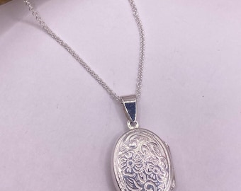 Etched Sterling Silver Locket Necklace: Vintage Oval Photo Keepsake