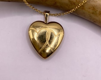 Vintage Gold Locket | Tiny 9k Gold Filled Heart Pendant Photo Memory Charm Engraved Two Hearts | Golden 925 Sterling Silver Chain Necklace