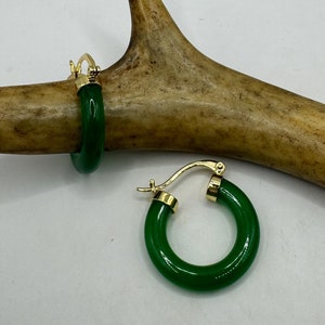 Vintage Hoop Earrings | Golden Bronze Cast Green Jade Gemstone Hoop Loop Dangle Green Earrings