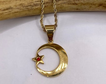 Vintage Gold Pendant | Nation of Islam Muslim Moon Crescent Star Charm | Golden Stainless Steel 22 Inch Chain Necklace