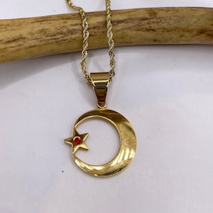 Vintage Gold Pendant | Nation of Islam Muslim Moon Crescent Star Charm | Golden Stainless Steel 22 Inch Chain Necklace