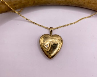 Vintage Gold Medaillon | Winziger 9k Gold Filled Herzanhänger Foto Memory Charm Gravur Mum | Goldene 925 Sterling Silber Halskette