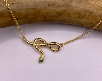 Vintage Tiny Gold Snake Pendant on Delicate Gold 925 Sterling Silver Necklace
