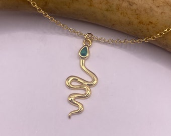 Vintage Gold Snake Necklace: Emerald Green Crystal, Sterling Silver Chain