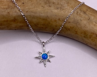Vintage Blue Fire Opal Star Necklace - Sterling Silver Minimalist Chain