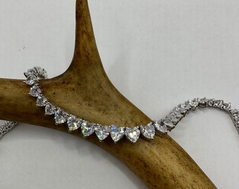 Vintage Silver Tennis Bracelet | Cubic Zirconia Crystal Diamond Gemstone Hearts | 925 Sterling Silver Dainty Stackable Tennis Bracelet