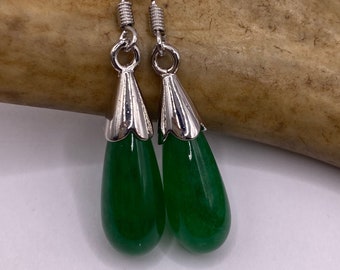 Vintage Gemstone Earrings | Green Jade Dangle Lucky Earrings - Cast in Silver Bronze