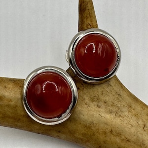 Vintage Gemstone Earrings | Red Jade Crystal Birthstone | 925 Sterling Round Silver Button Earrings