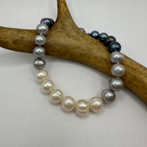 Vintage Beaded Bracelet | White Black Pearl Gemstones Hand Knotted Bracelet | 925 Sterling Silver Clasp
