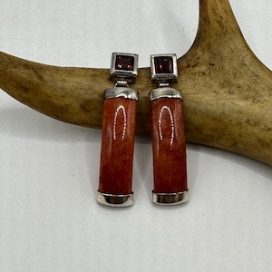 Vintage Silver Earrings | Garnet and Red Jade Gemstone in 925 Sterling Silver - Elegant  Unique Design