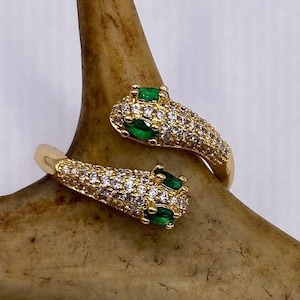 Vintage Gold Snake Ring | Emerald Green and Clear Cubic Zirconia Crystal Gemstones 9k Gold Filled Band | Unique Gift Serpent Statement Ring