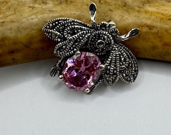Vintage Brooch Pin – 925 Sterling Silver Bee Marcasite Pink Ice Cubic Zirconia Gemstones