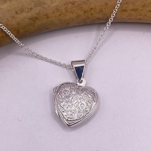 Sterling Silver Heart Locket Necklace: Etched Vintage Memory Charm