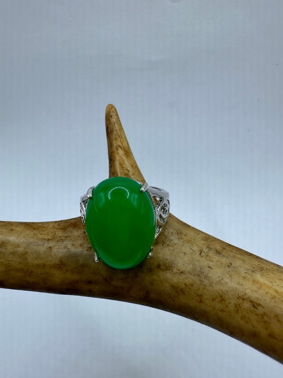 Vintage Silver Green Jade Lucky Cocktail Ring - image 1