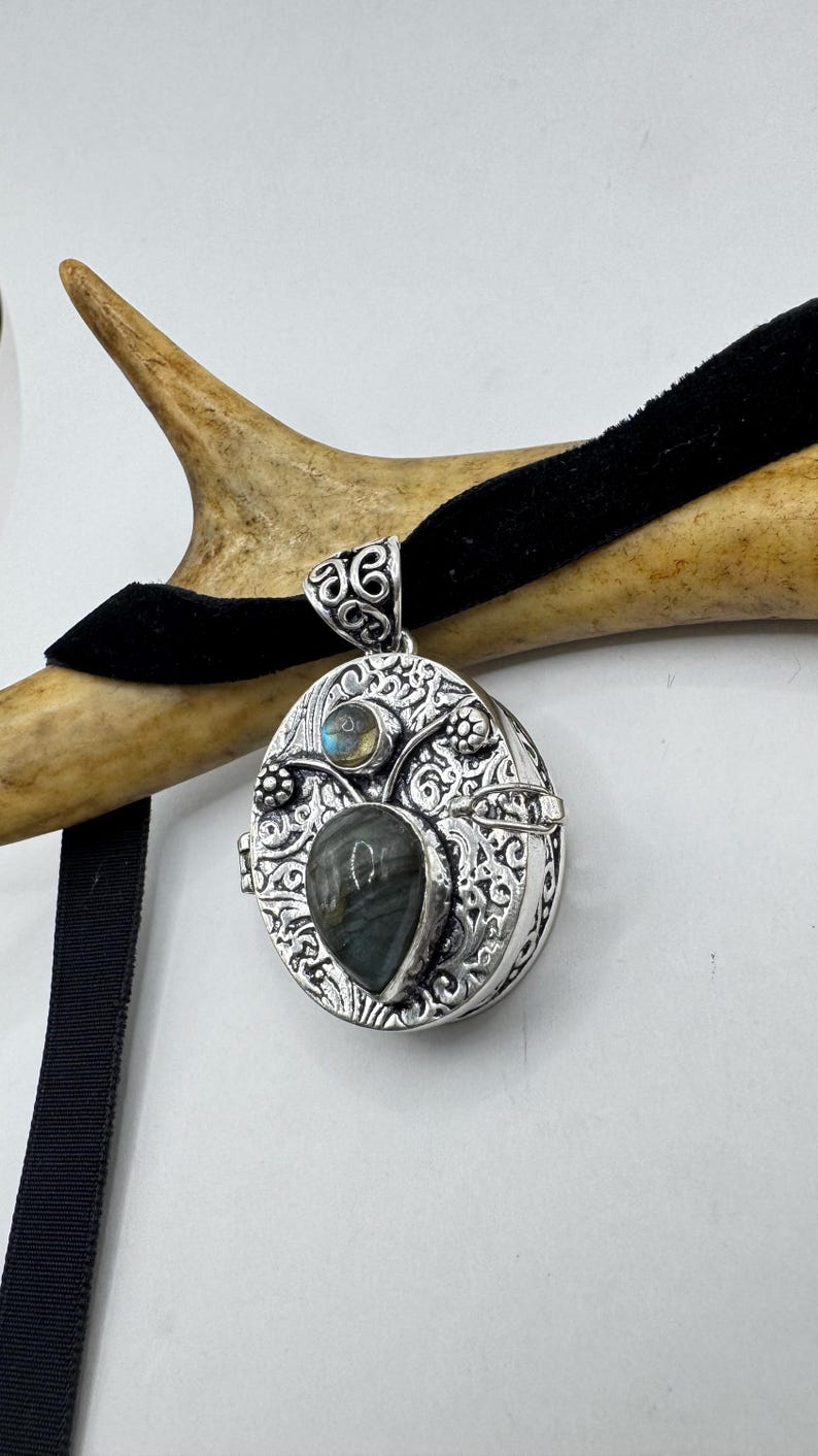 Puede incluir: Colgante de plata con un medall&oacute;n en forma de coraz&oacute;n de labradorita y un medall&oacute;n redondo m&aacute;s peque&ntilde;o de labradorita. El medall&oacute;n est&aacute; decorado con un intrincado dise&ntilde;o floral.