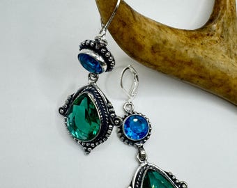 Vintage groen aquaglas hangoorbellen sterlingzilveren Leverbacks