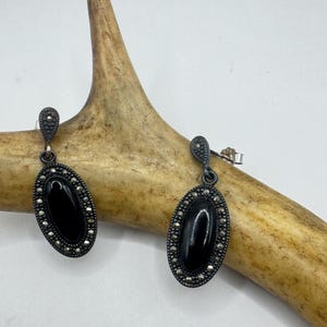 Vintage Silver Marcasite Earrings Black Onyx Deco | 925 Sterling Silver Stud Dangle Drop Earrings | Minimalist Everyday