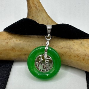 Vintage Green Jade Deco Choker Pendant Necklace - Silver Bronze