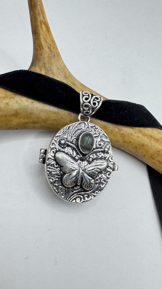 Vintage Butterfly Photo Locket: Labradorite Silver Bronze Pill Box Choker