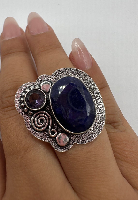 Vintage Raw Blue Sapphire Purple Amethyst Ring