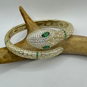 Vintage Snake Bracelet | Emerald Green and Cubic Zirconia Crystal Diamond Serpent Bangle Cuff | Golden 925 Sterling Silver Bracelet