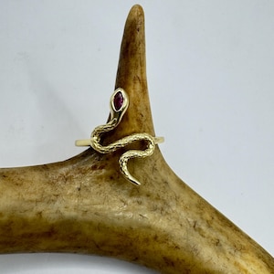 May include: A gold-colored snake ring with a red gemstone eye. The snake is coiled around the finger, creating a unique and eye-catching design. The ring is displayed on a light brown antler.