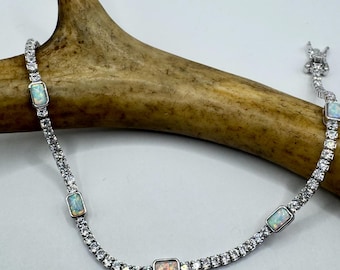 Vintage Fire Opal Tennis Bracelet | Sterling Silver CZ | Elegant Bridal & Gift Jewelry