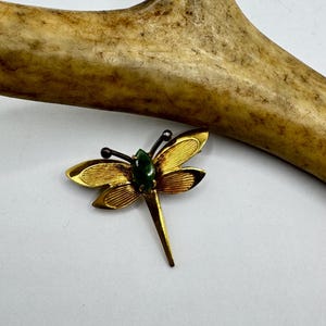 Vintage Gold Filled Dragonfly Brooch: Green Jade Scatter Pin