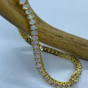 Vintage Gold Tennis Bracelet | Blue Fire Opal Gemstone Cubic Zirconia Crystal Diamond Gold 4 Prong Setting in Golden 925 Sterling Silver