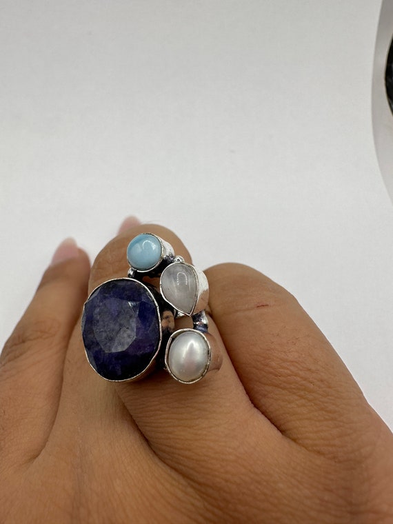 Vintage Raw Blue Sapphire Rainbow Moonstone Ring … - image 2