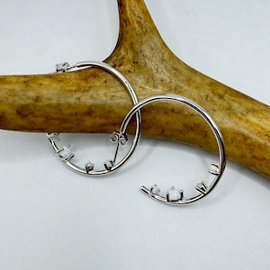 Vintage Sterling Silver Hoop Earrings: White Fire Opal Huggies