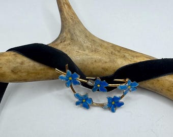 Vintage Blue Enamel Flowers Brooch Pin - Gold Filled - Black Velvet Choker - Small and Simple