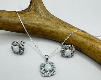 Vintage White Fire Opal Jewelry Set: Sterling Silver Necklace and Earrings