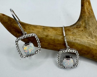 Fire Opal Deco Earrings - Vintage Sterling Silver Drop Style