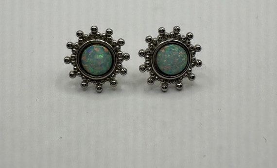 Vintage Silver Earrings | White Fire Opal Stud Bu… - image 2