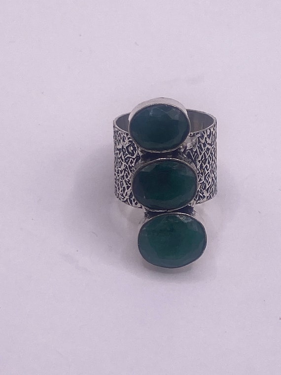 Vintage Green Emerald Boho Cocktail Ring Silver B… - image 4