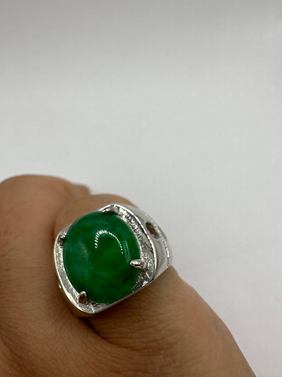 Vintage Silver Green Jade Lucky Cocktail Ring - image 7