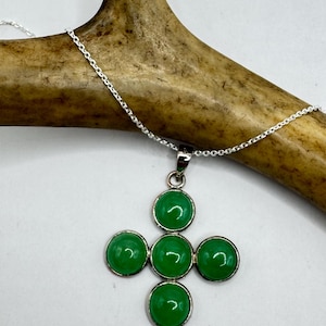 Vintage Grüne Jade Kreuz Deco Choker Anhänger Halskette - 925 Sterling Silber Kette