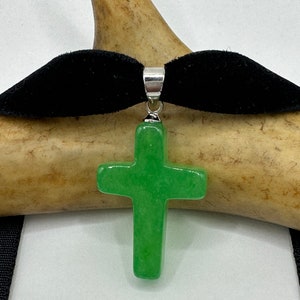 Vintage Grüne Jade Kreuz Anhänger Choker Halskette - Silber Bronze