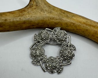 Vintage Marcasite Rose Brooch: Sterling Silver Deco Wreath Pin