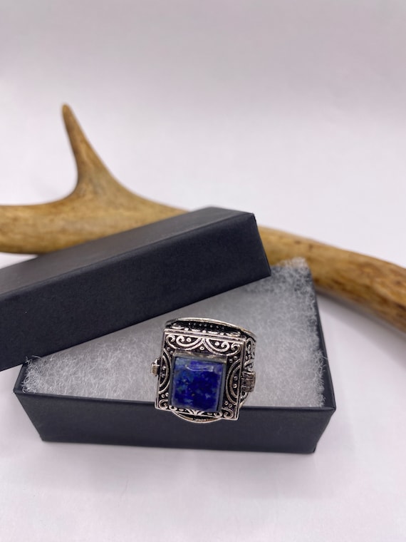 Vintage Silver Bronze Poison Ring | Blue Lapis La… - image 3