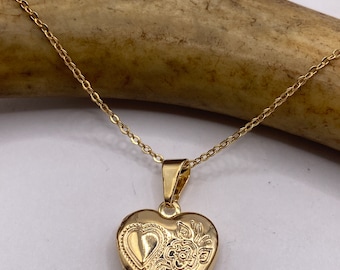 Medallón de oro vintage / pequeño encanto de corazón grabado 9K GF cadena de oro / mini foto delicada memoria colgante collar