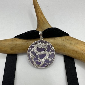 Vintage Silver Jade Pendant | Lavender Purple Jade Gemstone | 925 Sterling Silver Lucky Dragon Charm Choker Necklace